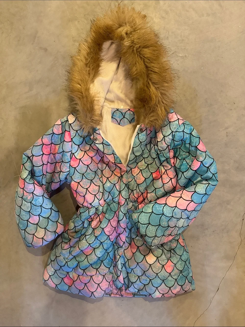 Girls' Mermaid Scale Puffer Coat with Faux Fur Hood - Pastel Multicolor